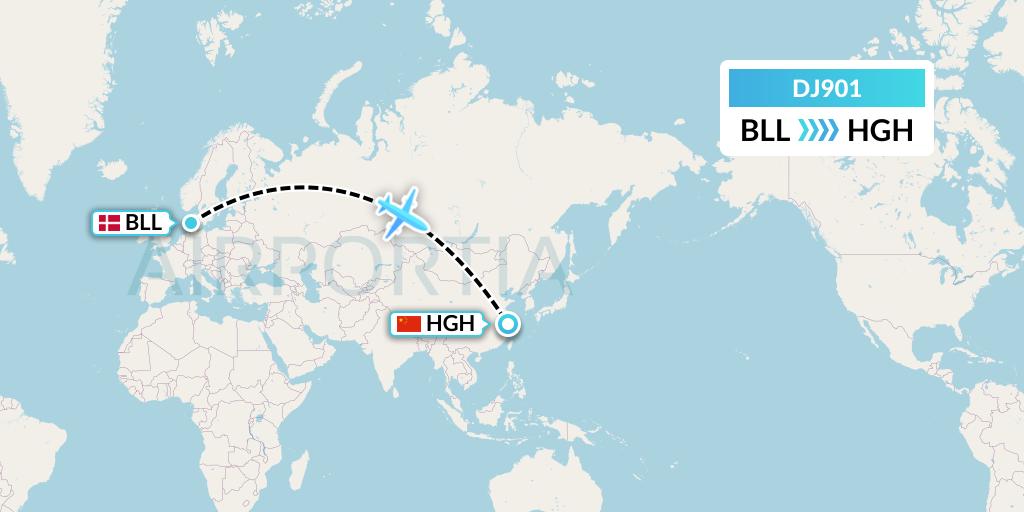 DJ901 Air Djibouti Flight Map: Billund to Hangzhou