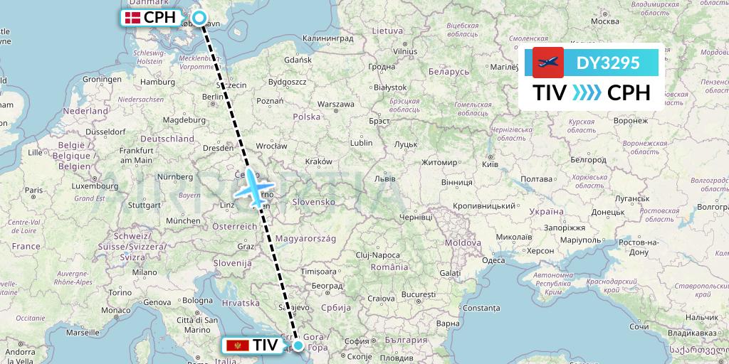 DY3295 Norwegian Flight Map: Tivat to Copenhagen