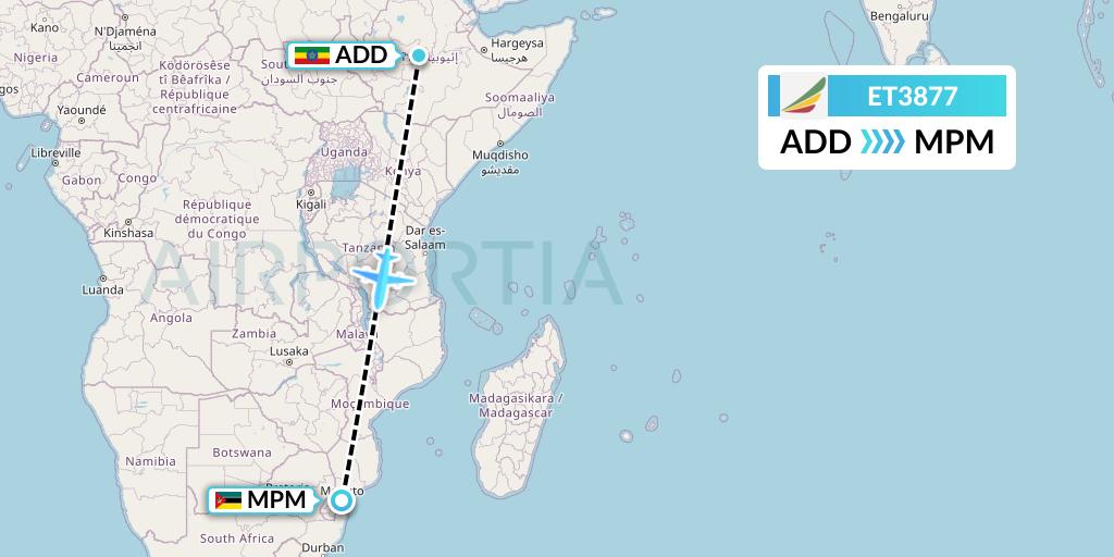 ET3877 Ethiopian Airlines Flight Map: Addis Ababa to Maputo