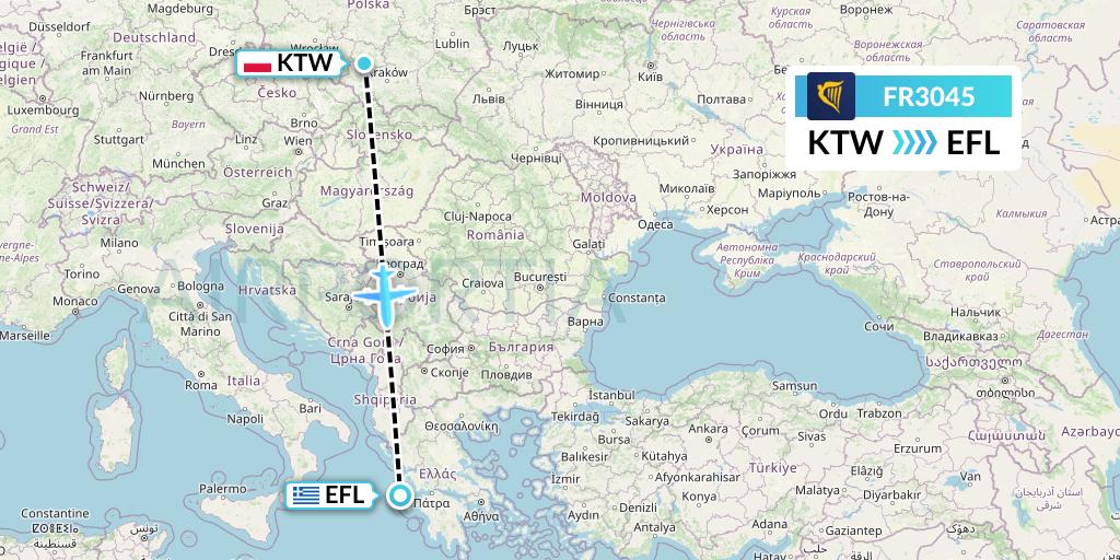 FR3045 Ryanair Flight Map: Katowice to Kefalonia