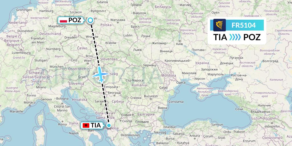 FR5104 Ryanair Flight Map: Tirana to Poznan