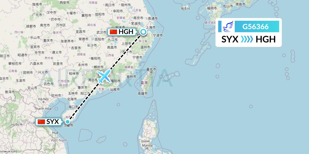G56366 China Express Airlines Flight Map: Sanya to Hangzhou