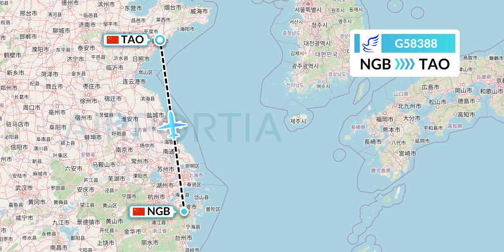 G58388 China Express Airlines Flight Map: Ningbo to Qingdao