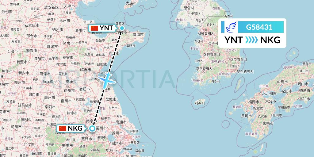 G58431 China Express Airlines Flight Map: Yantai to Nanjing