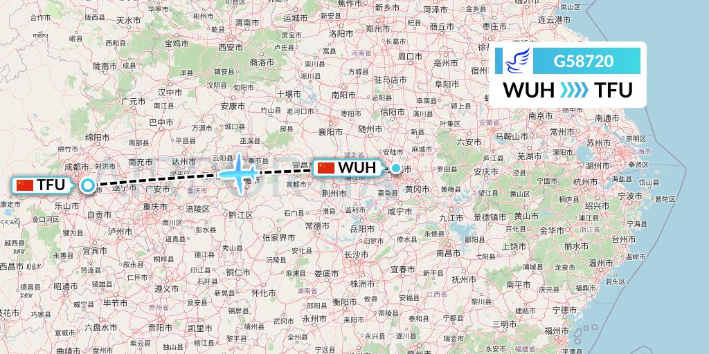 G58720 China Express Airlines Flight Map: Wuhan to Chengdu