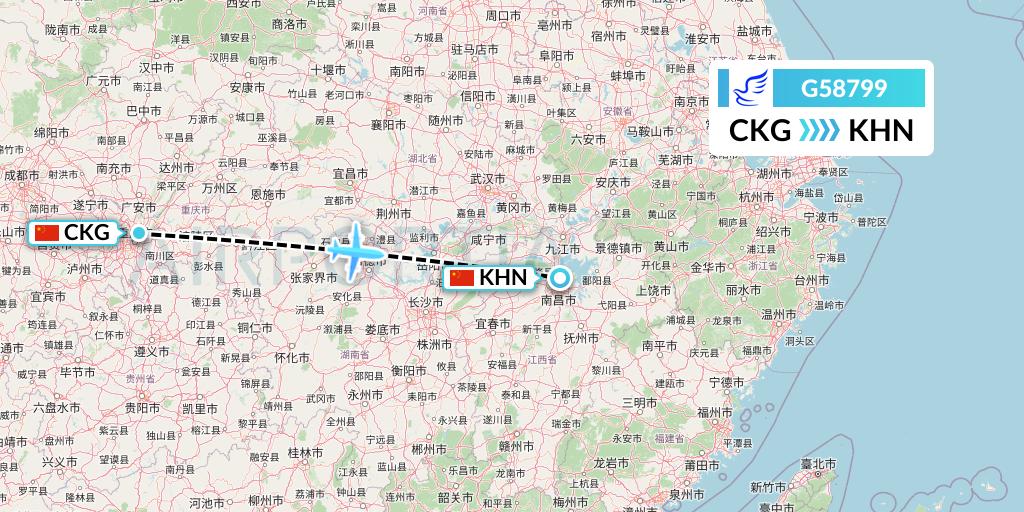 G58799 China Express Airlines Flight Map: Chongqing to Nanchang