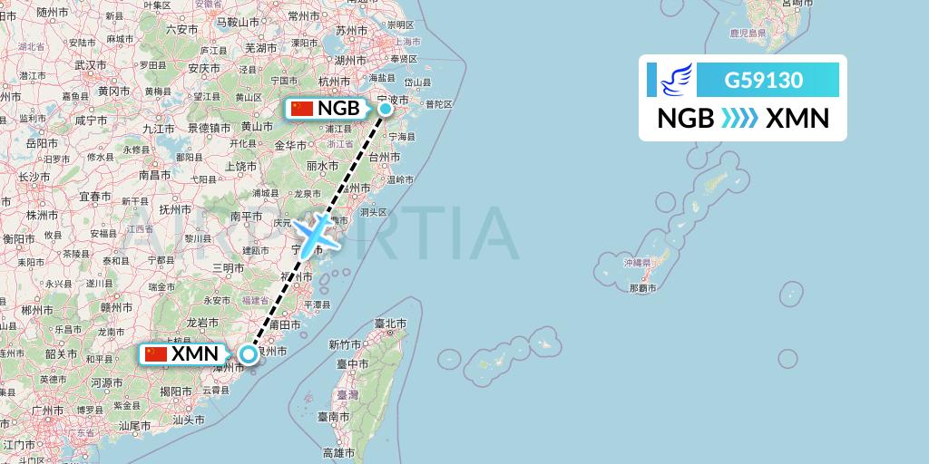 G59130 China Express Airlines Flight Map: Ningbo to Xiamen