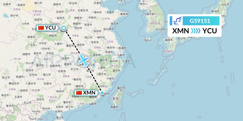 G59151 China Express Airlines Flight Map: Xiamen to Yuncheng