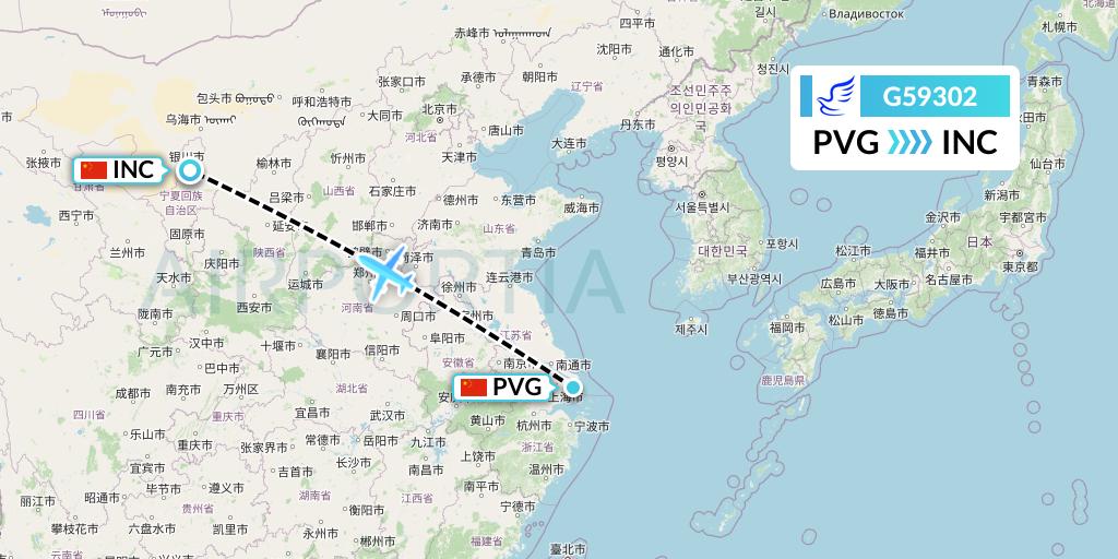 G59302 China Express Airlines Flight Map: Shanghai to Yinchuan