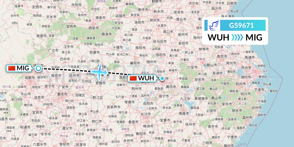 G59671 China Express Airlines Flight Map: Wuhan to Mianyang
