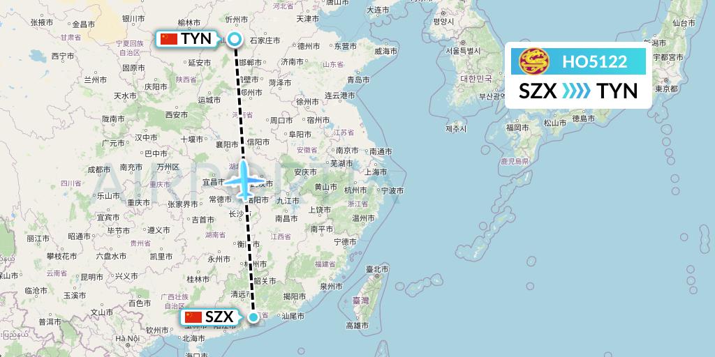 HO5122 Juneyao Airlines Flight Map: Shenzhen to Taiyuan