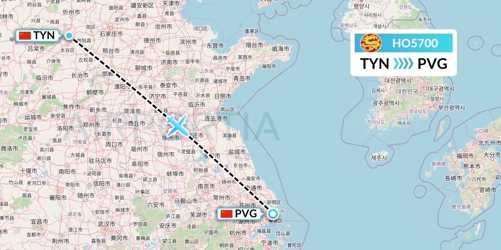 HO5700 Juneyao Airlines Flight Map: Taiyuan to Shanghai