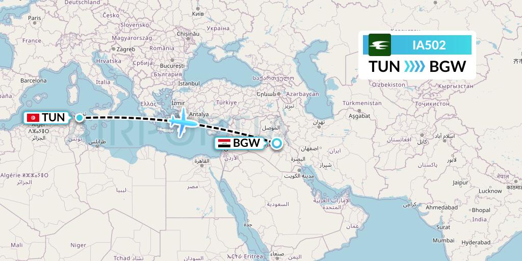 IA502 Iraqi Airways Flight Map: Tunis to Baghdad