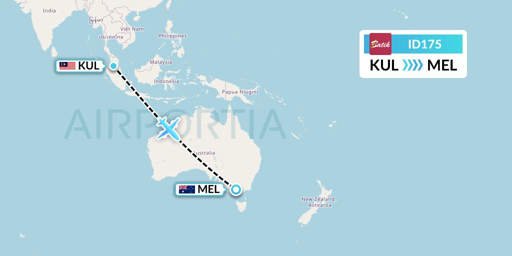 ID175 Batik Air Flight Map: Kuala Lumpur to Melbourne