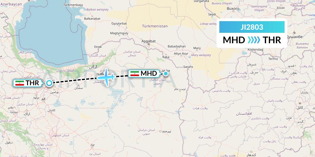 JI2803 Armenian Airlines Flight Map: Mashhad to Tehran