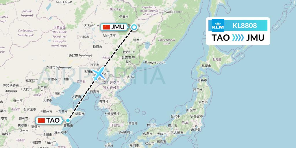 KL8808 KLM Flight Map: Qingdao to Jiamusi