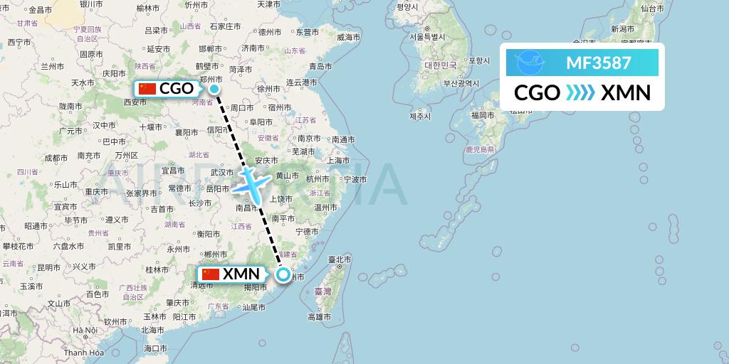 MF3587 Xiamen Airlines Flight Map: Zhengzhou to Xiamen