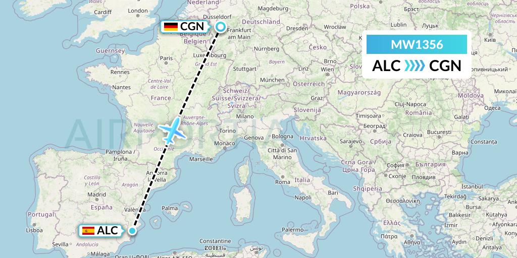 MW1356 Mokulele Flight Service Flight Map: Alicante to Cologne