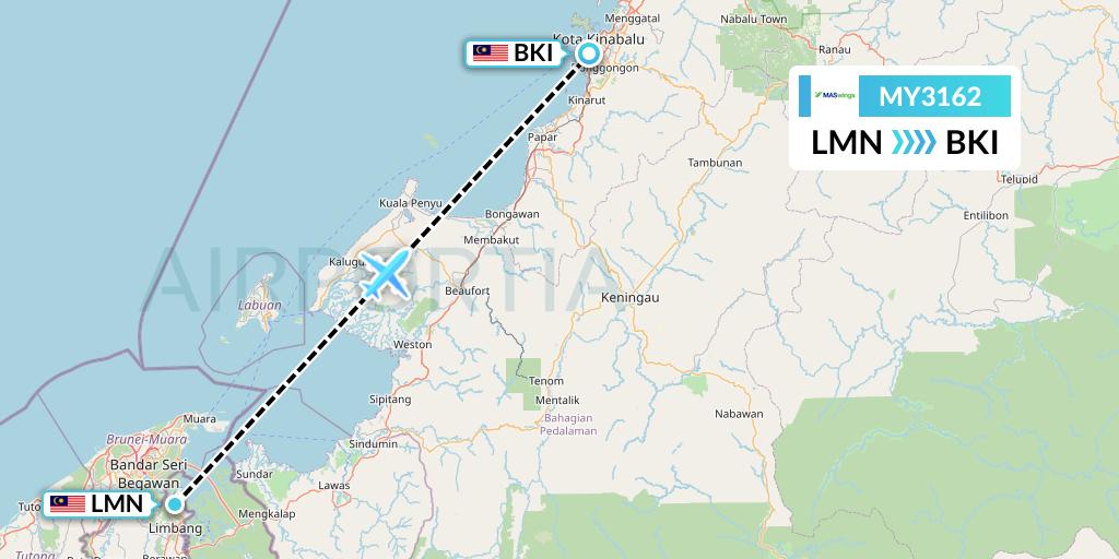 MY3162 MASwings Flight Map: Limbang to Kota Kinabalu