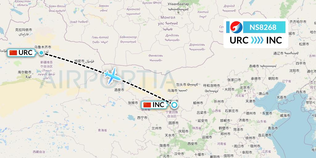 NS8268 Hebei Airlines Flight Map: Urumqi to Yinchuan
