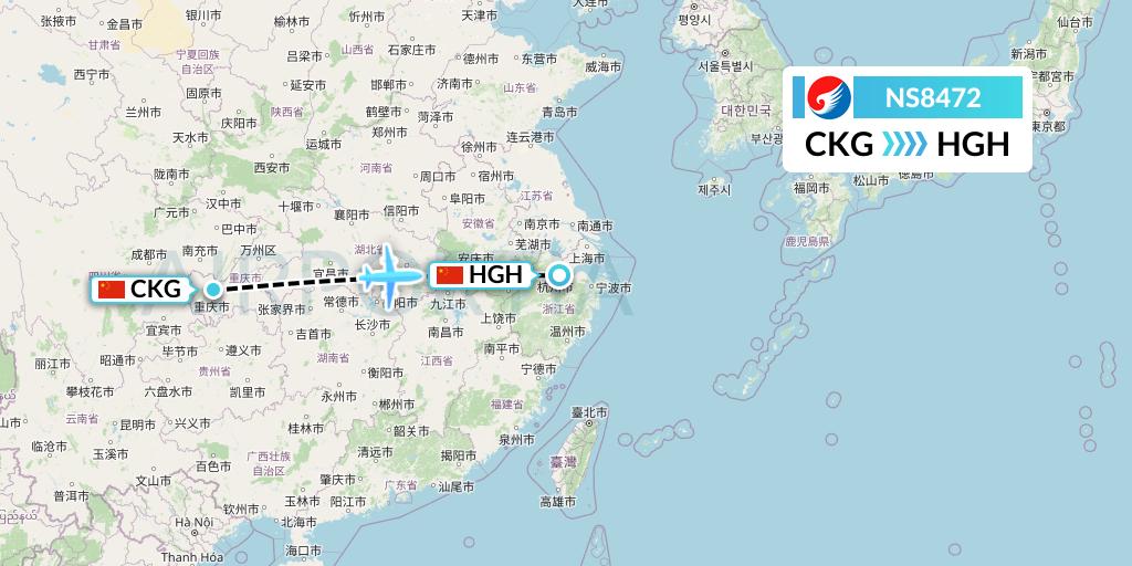 NS8472 Hebei Airlines Flight Map: Chongqing to Hangzhou