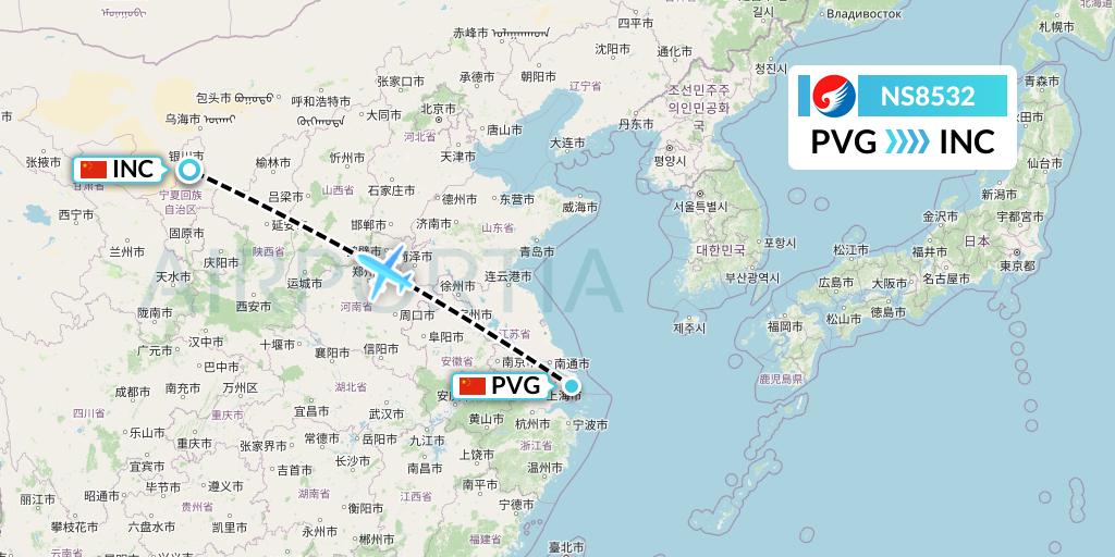 NS8532 Hebei Airlines Flight Map: Shanghai to Yinchuan