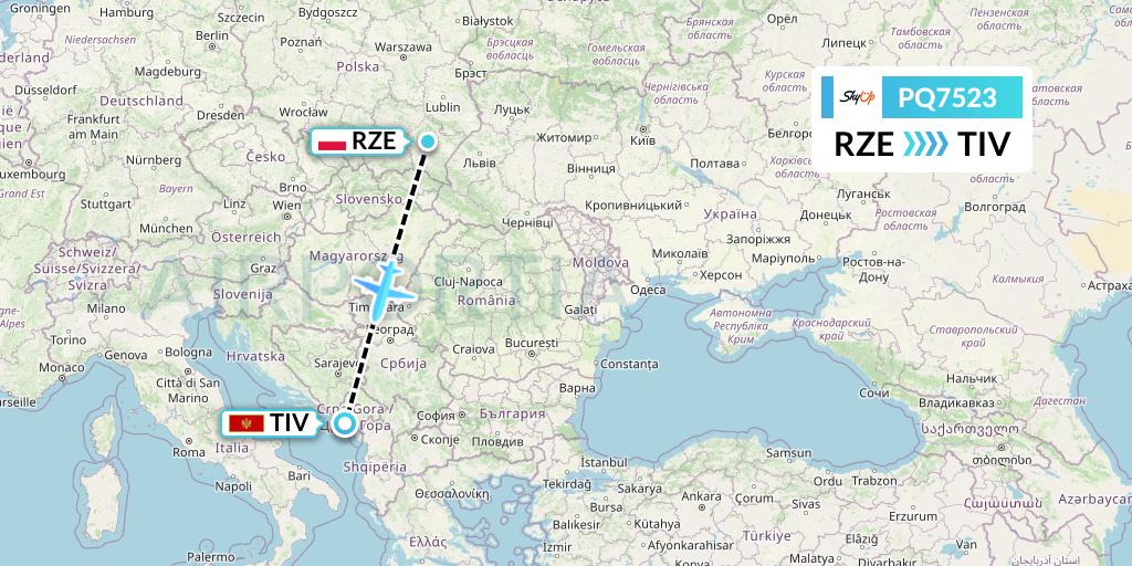 PQ7523 SkyUp Airlines Flight Map: Rzeszow to Tivat