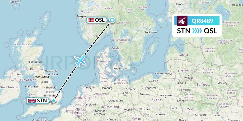 QR8489 Qatar Airways Flight Map: London to Oslo