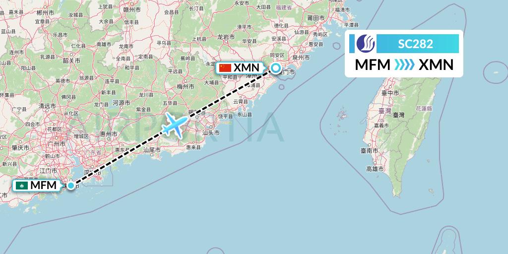 SC282 Shandong Airlines Flight Map: Macau to Xiamen