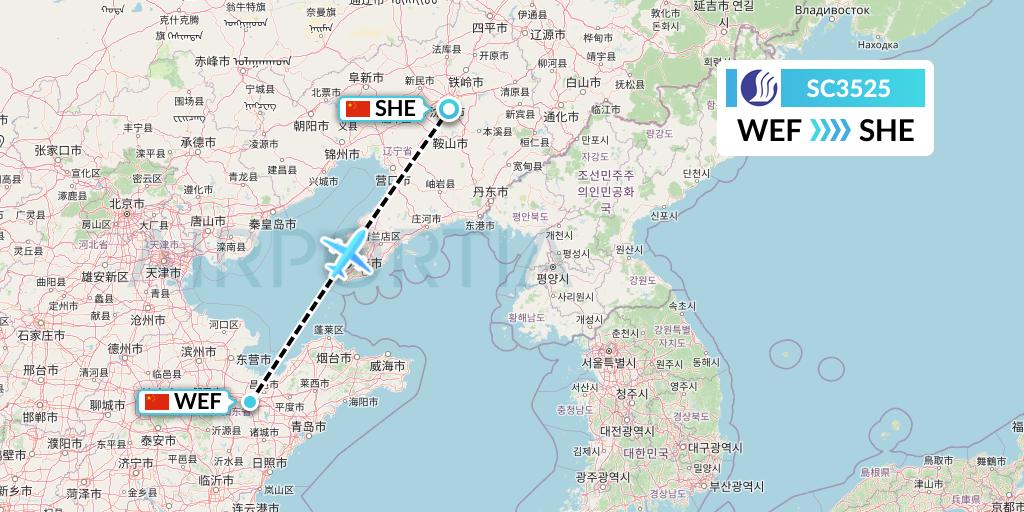 SC3525 Shandong Airlines Flight Map: Weifang to Shenyang
