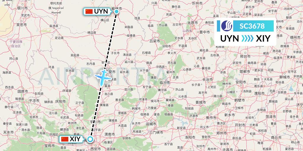 SC3678 Shandong Airlines Flight Map: Yulin to Xi'an