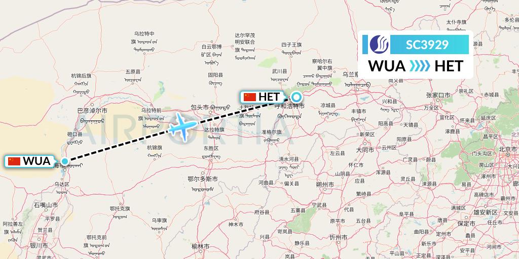 SC3929 Shandong Airlines Flight Map: Wuhai to Hohhot