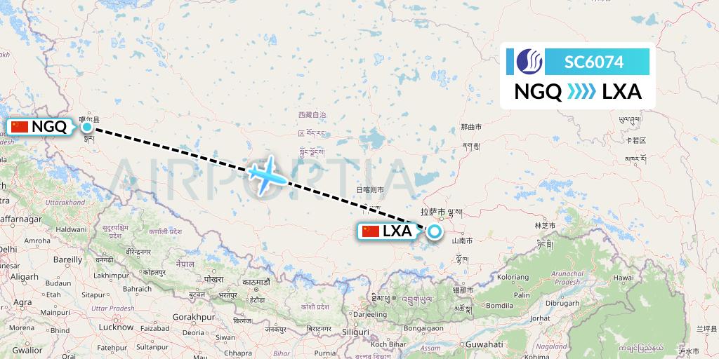 SC6074 Shandong Airlines Flight Map: Ngari to Lhasa