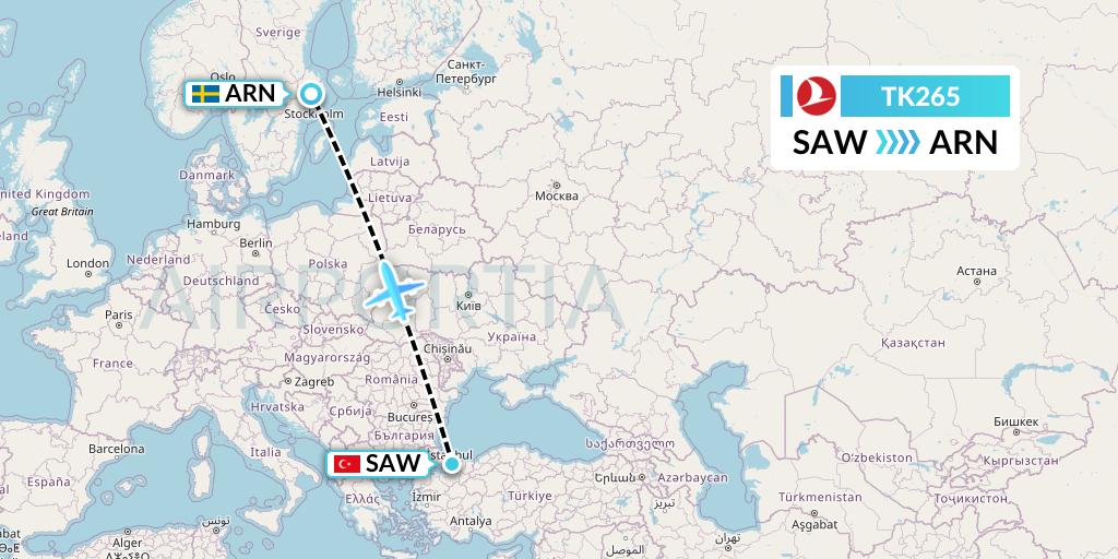 TK265 Turkish Airlines Flight Map: Istanbul to Stockholm
