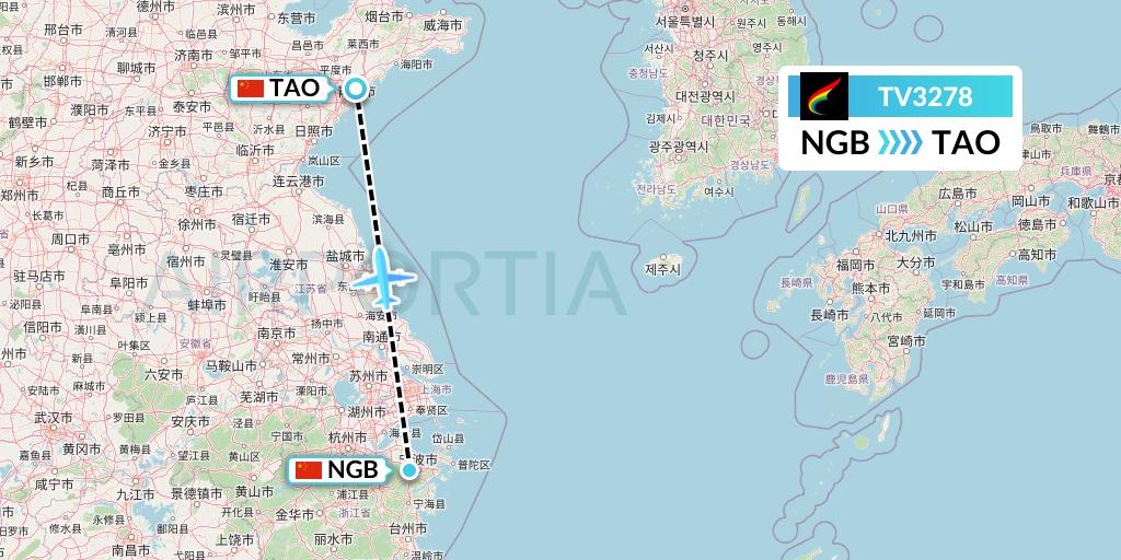 TV3278 Tibet Airlines Flight Map: Ningbo to Qingdao