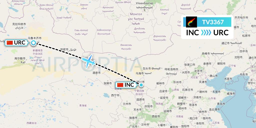 TV3367 Tibet Airlines Flight Map: Yinchuan to Urumqi