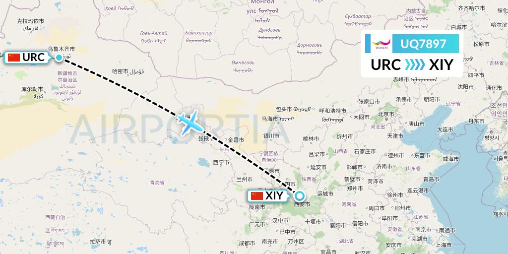 UQ7897 Urumqi Airlines Flight Map: Urumqi to Xi'an