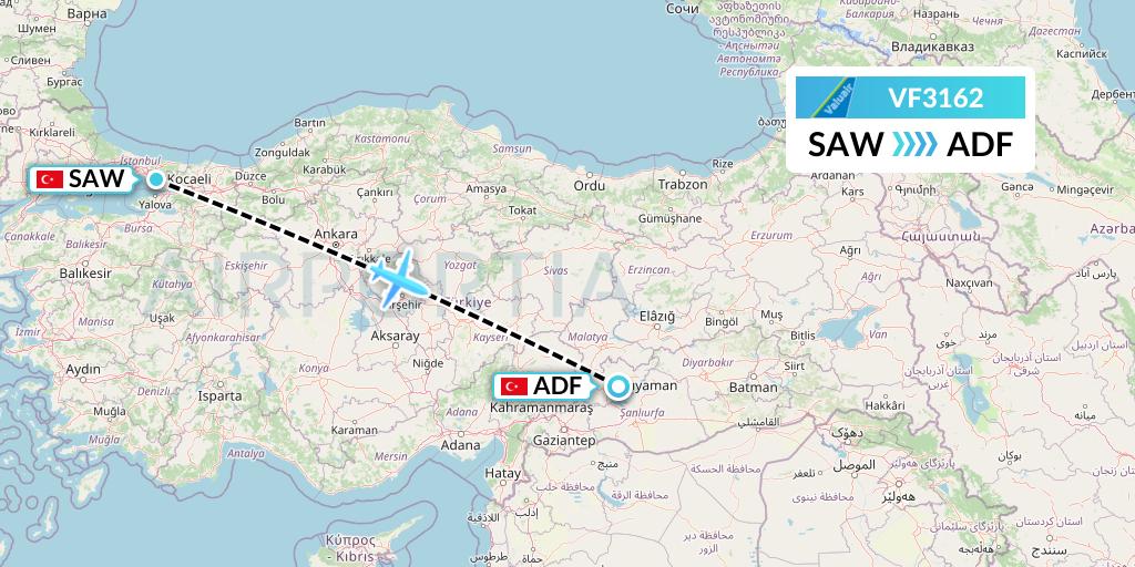 VF3162 ValuAir Flight Map: Istanbul to Adiyaman