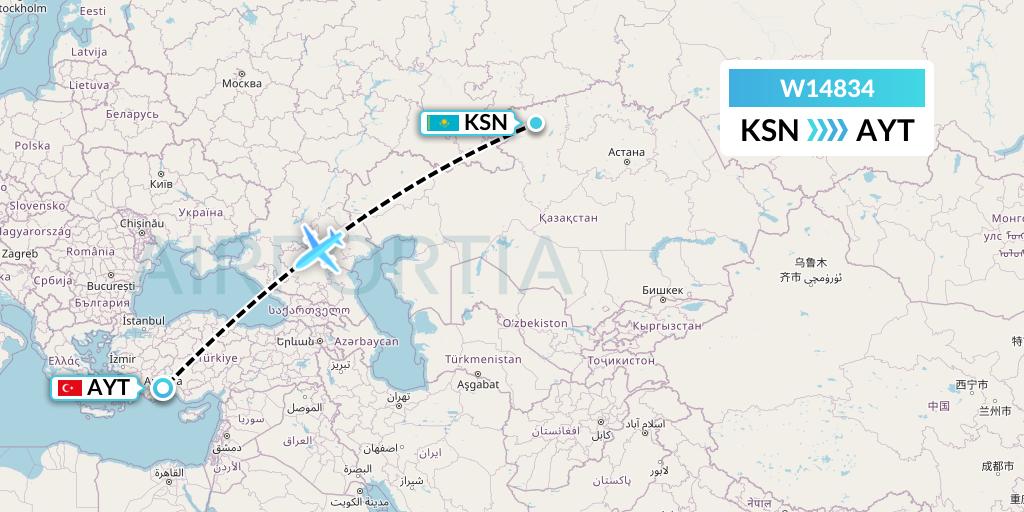 W14834 World Ticket Ltd Flight Map: Kostanay to Antalya