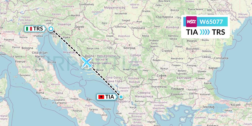W65077 Wizz Air Flight Map: Tirana to Trieste