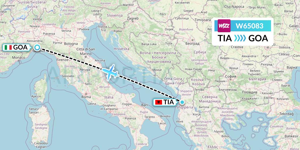 W65083 Wizz Air Flight Map: Tirana to Genoa