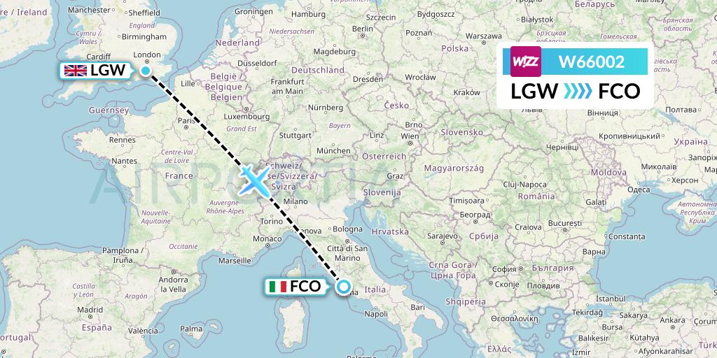 W66002 Wizz Air Flight Map: London to Rome