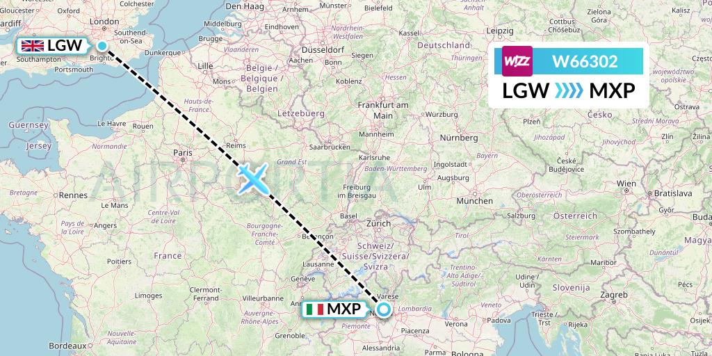 W66302 Wizz Air Flight Map: London to Milan