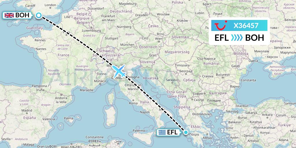 X36457 TUI fly Germany Flight Map: Kefalonia to Bournemouth