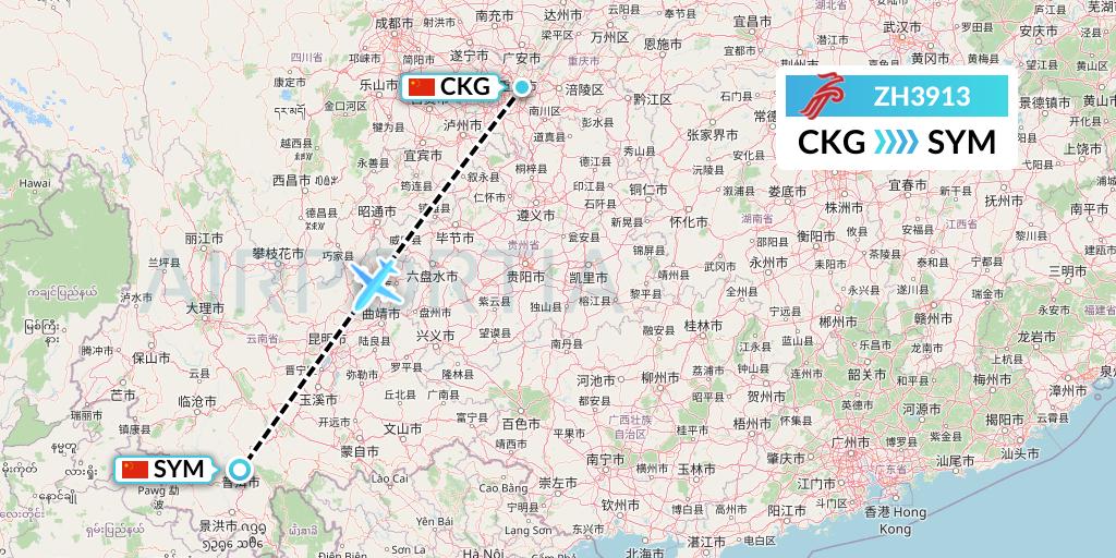 ZH3913 Shenzhen Airlines Flight Map: Chongqing to Pu'er