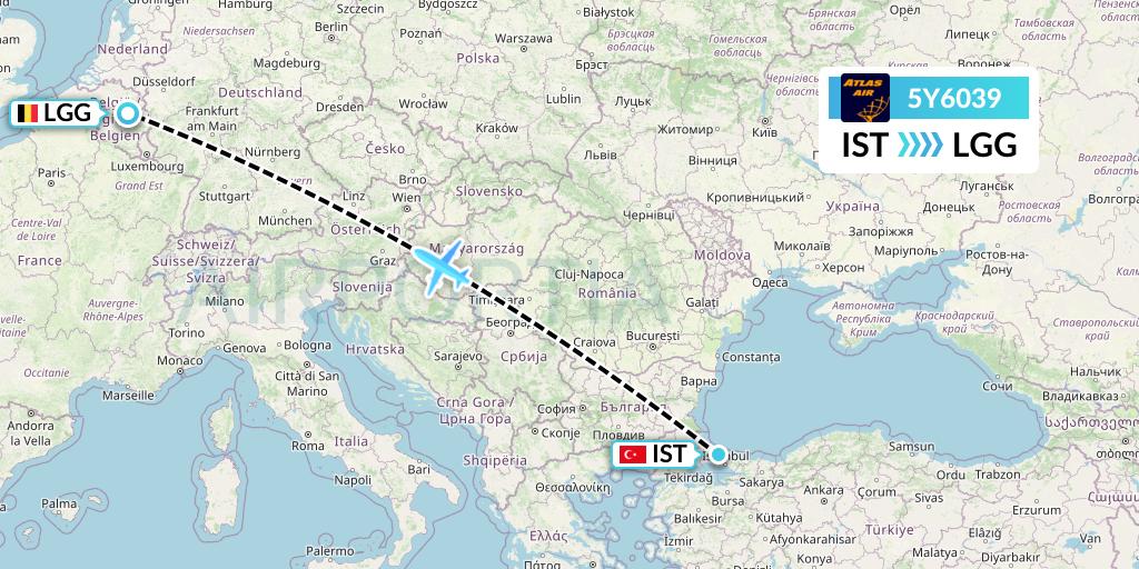5Y6039 Atlas Air Flight Map: Istanbul to Liege