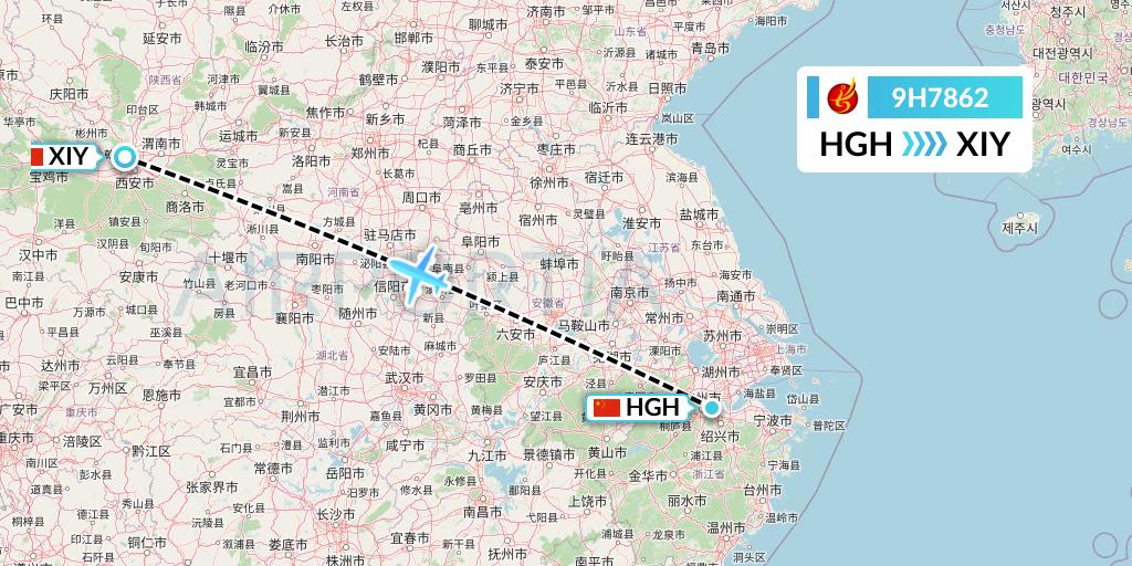 9H7862 Air Changan Flight Map: Hangzhou to Xi'an