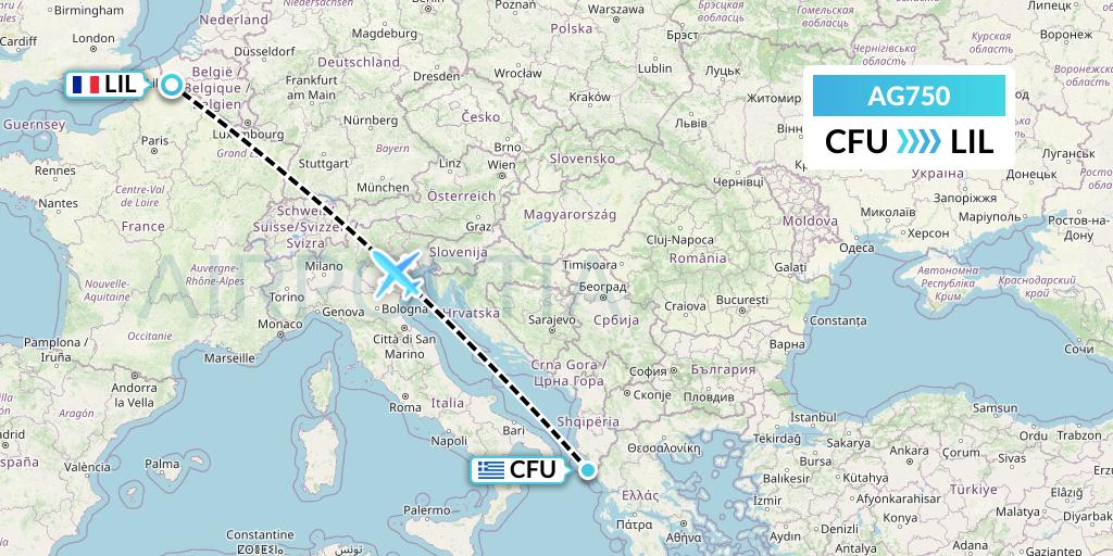 AG750 Aruba Airlines Flight Map: Corfu to Lille