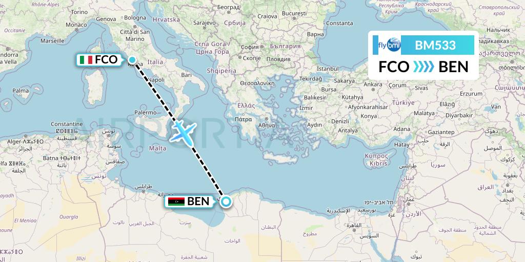 BM533 BMI Regional Flight Map: Rome to Benghazi