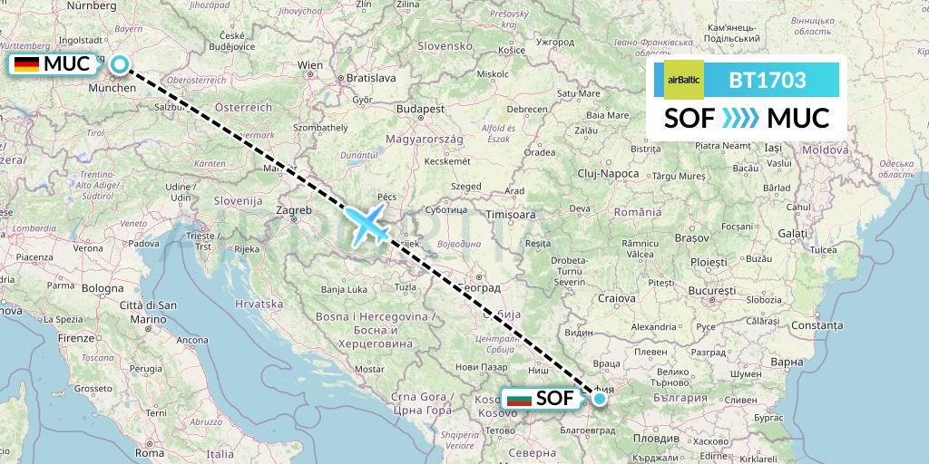 BT1703 Air Baltic Flight Map: Sofia to Munich